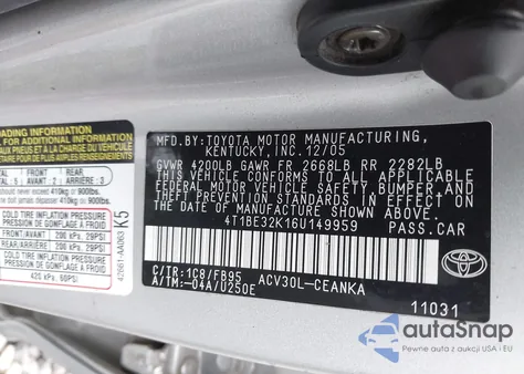 2006 Toyota Camry Std из США, поврежденный, VIN 4T1BE32K16U149959